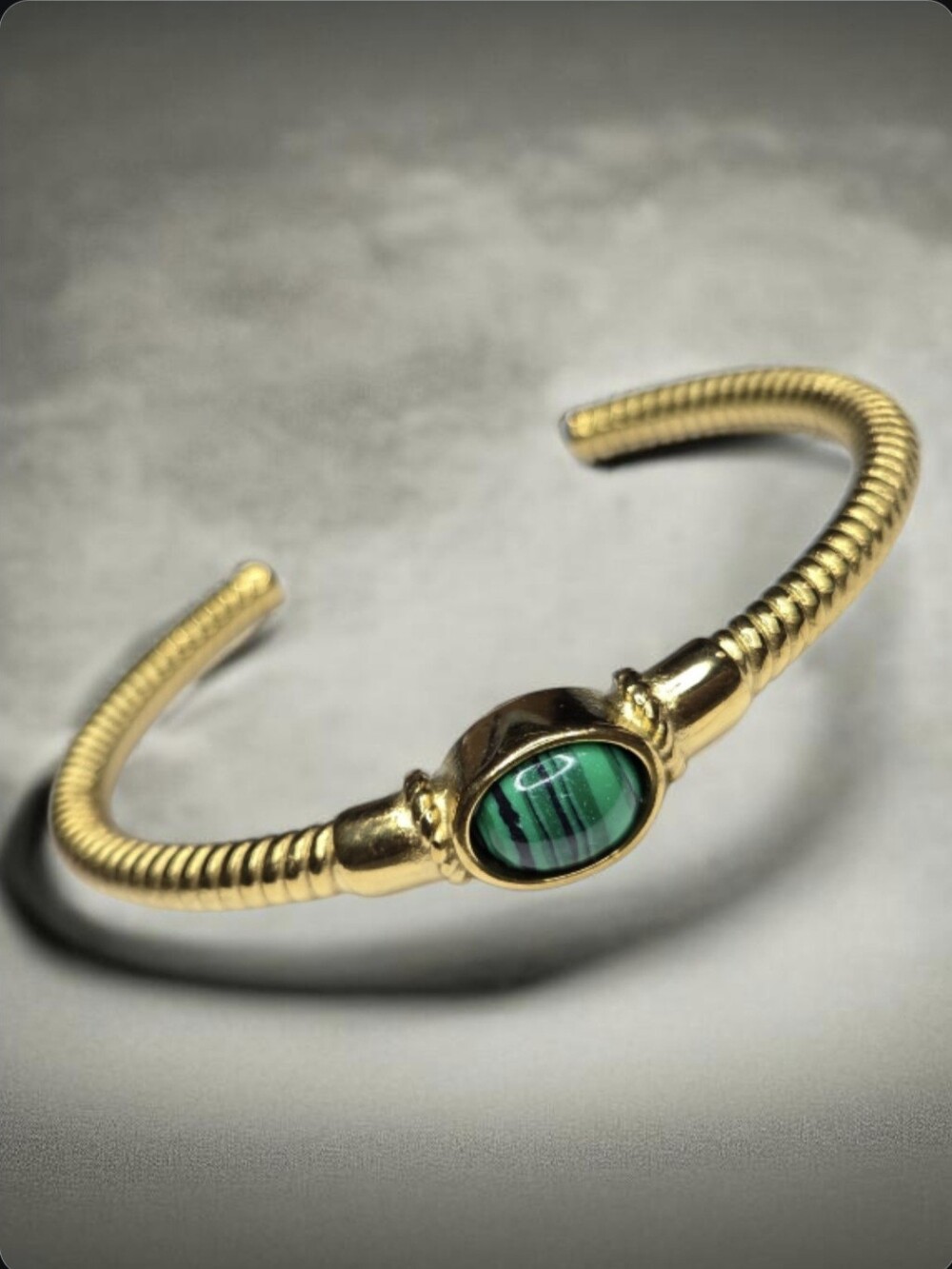 18k Gold Plated Twisted Malachite Cabochon Cuff Bangle Bracelet